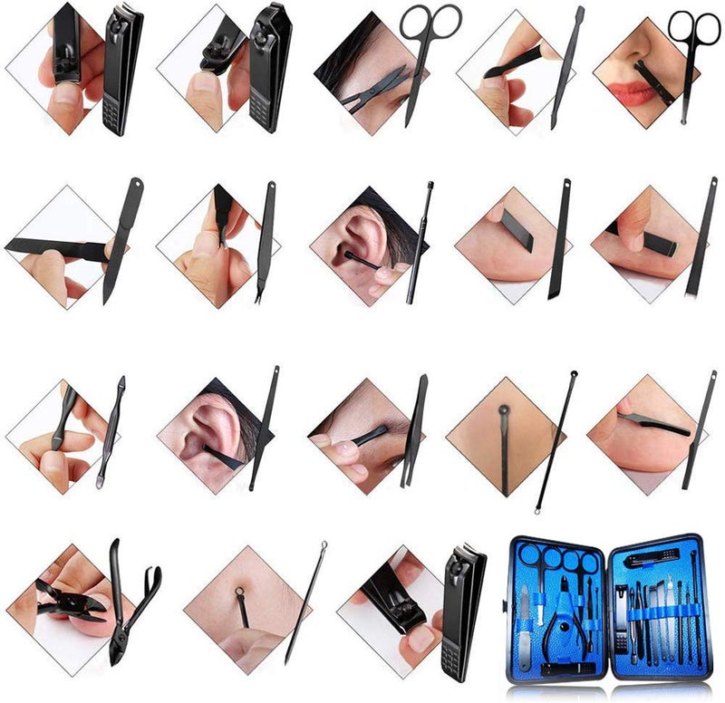 QLNE Manicure Pedicure Kit Nail Clippers Set 18 in 1 High Precision Stainless Steel Cutter File Sharp Scissors for Men & Women Fingernails & Toenails Vibrissac Scissors with Stylish Case (Blue_18in1) - Image 5